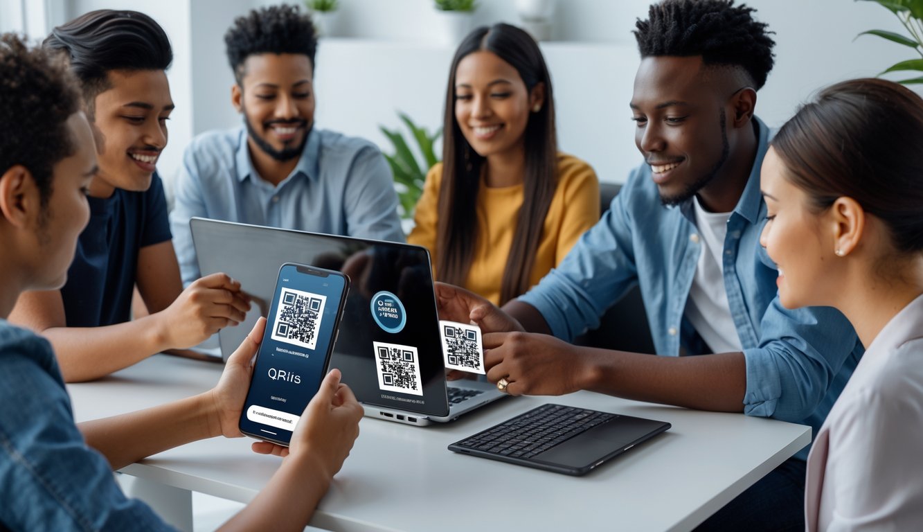 Sekelompok orang muda sedang bermain poker online menggunakan laptop dan ponsel, dengan satu orang memindai kode QR untuk melakukan deposit.