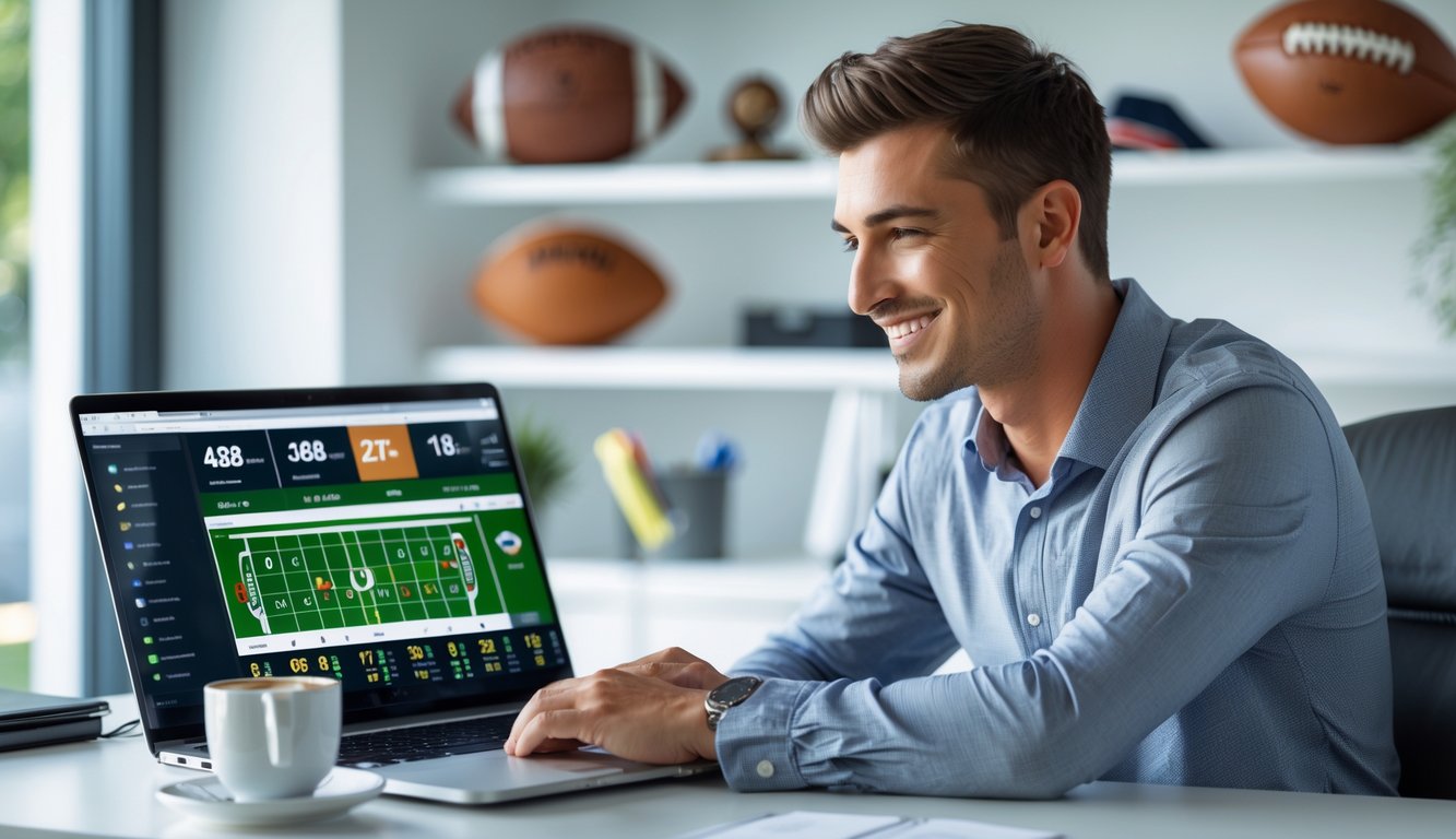 Seorang pria muda duduk di meja dengan laptop yang menampilkan data taruhan olahraga, di ruang kerja rumah dengan perlengkapan olahraga di latar belakang.