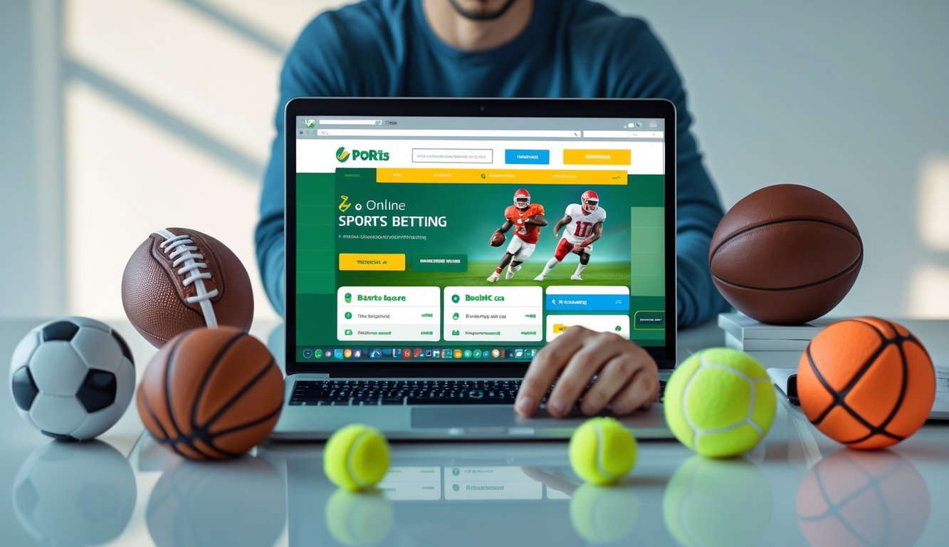 Seseorang menggunakan laptop di meja kerja dengan bola olahraga di sekitarnya, menampilkan suasana taruhan olahraga online.