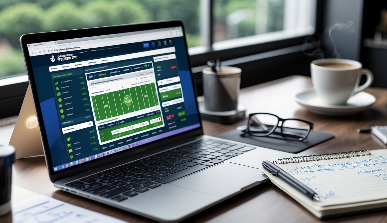 Meja kerja dengan laptop yang menampilkan situs taruhan olahraga, ponsel dengan skor pertandingan, dan catatan strategi taruhan.