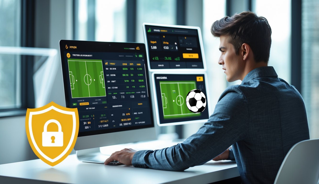 Seorang pria muda menggunakan laptop di meja dengan beberapa layar menampilkan statistik dan peluang pertandingan sepak bola secara online.