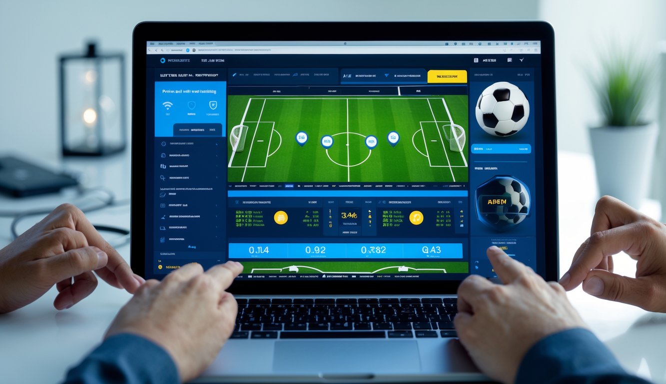 Orang sedang menggunakan komputer dengan tampilan antarmuka taruhan bola yang menampilkan peluang tinggi dan simbol keamanan di latar belakang.