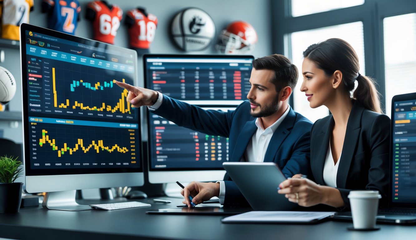 Seorang pria dan wanita sedang menganalisis peluang taruhan olahraga di layar digital di kantor modern.