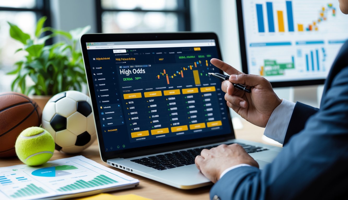 Seorang profesional sedang menganalisis situs taruhan olahraga dengan laptop dan bola olahraga di meja kerja.
