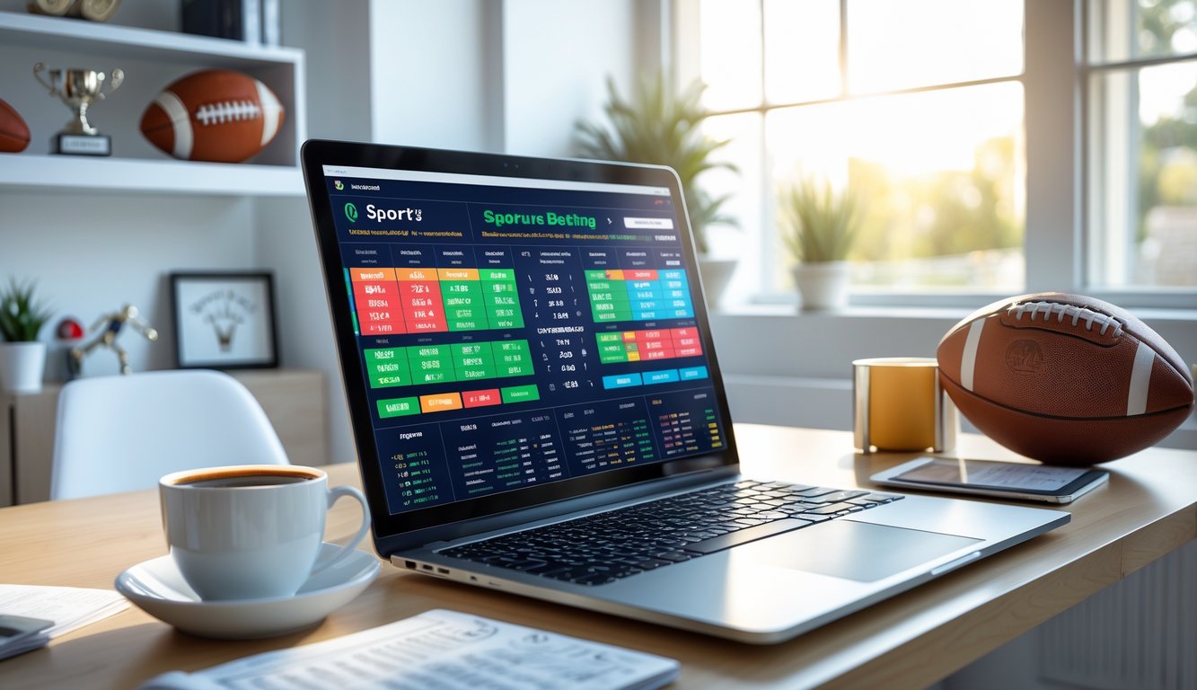 Sebuah ruang kerja modern dengan laptop yang menampilkan grafik taruhan olahraga dan beberapa perlengkapan olahraga di latar belakang.