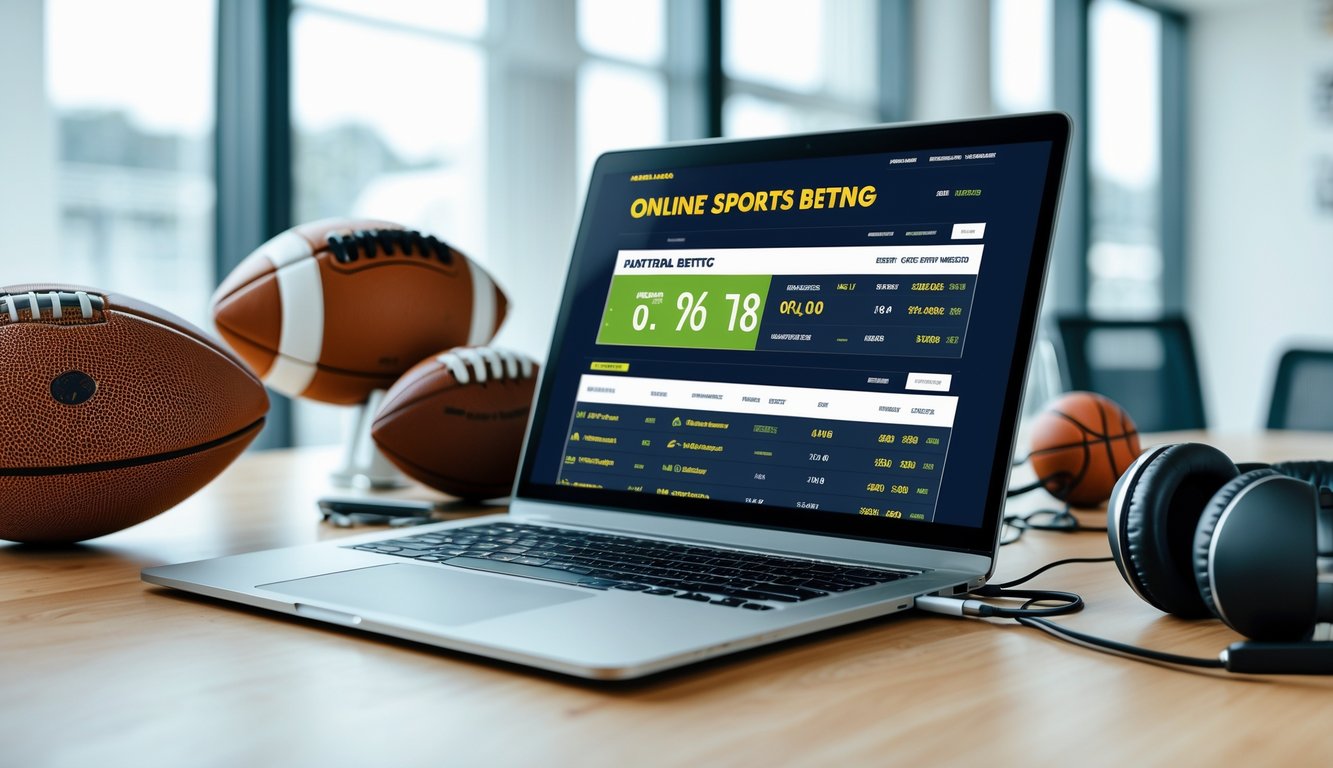 Meja kerja modern dengan laptop yang menampilkan situs taruhan olahraga online dan beberapa perlengkapan olahraga di sekitarnya.