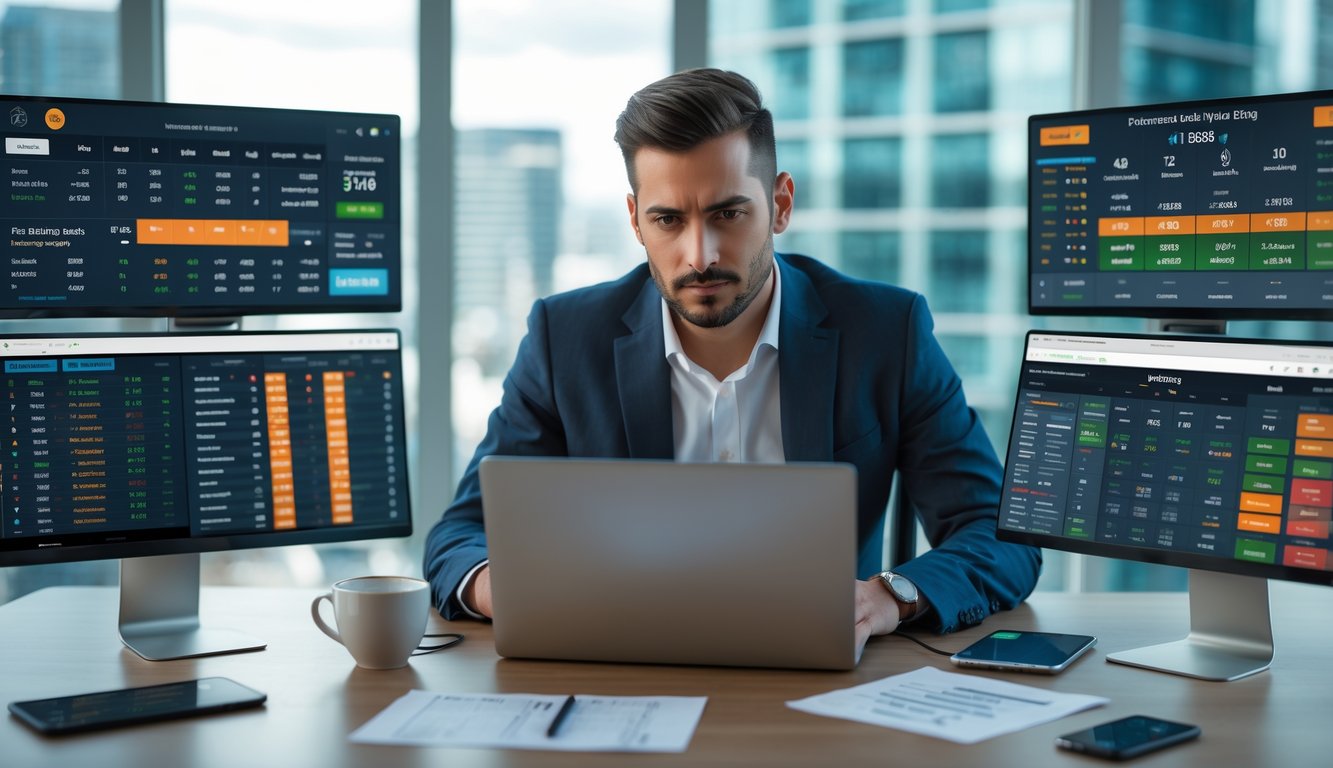 Seorang pria sedang menganalisis strategi taruhan bola menggunakan laptop dan beberapa layar digital di kantor modern.