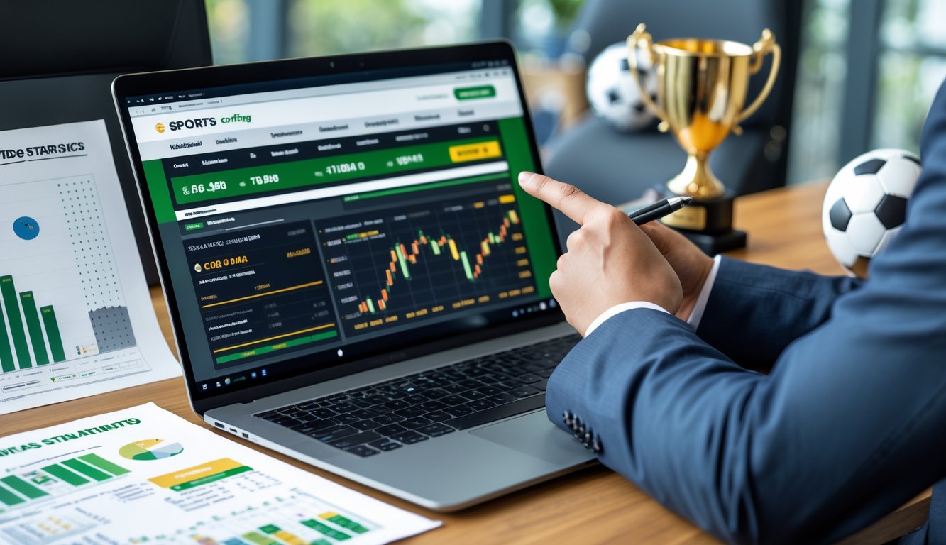 Seseorang menunjuk layar laptop yang menampilkan situs taruhan bola dengan grafik dan statistik di meja kerja modern.