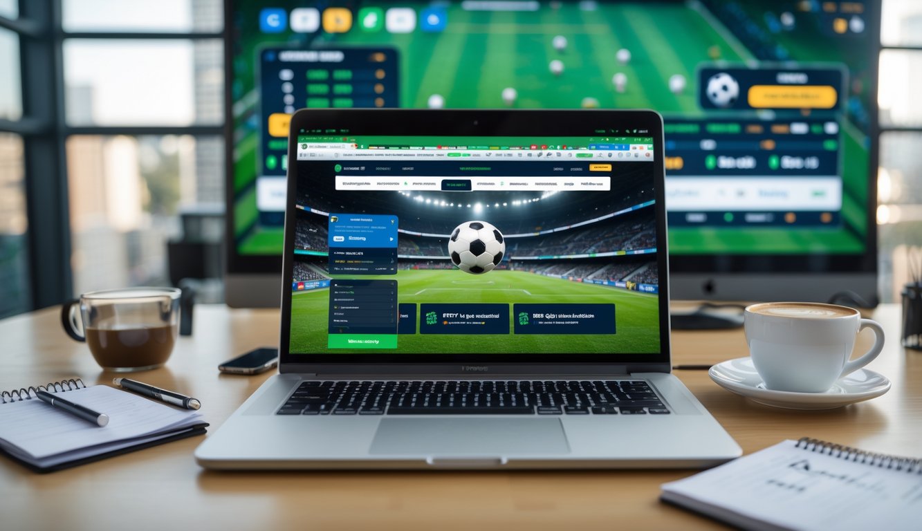 Seorang pria menggunakan laptop dan smartphone untuk memasang taruhan sepak bola dengan latar belakang pertandingan sepak bola yang sedang berlangsung di layar besar.