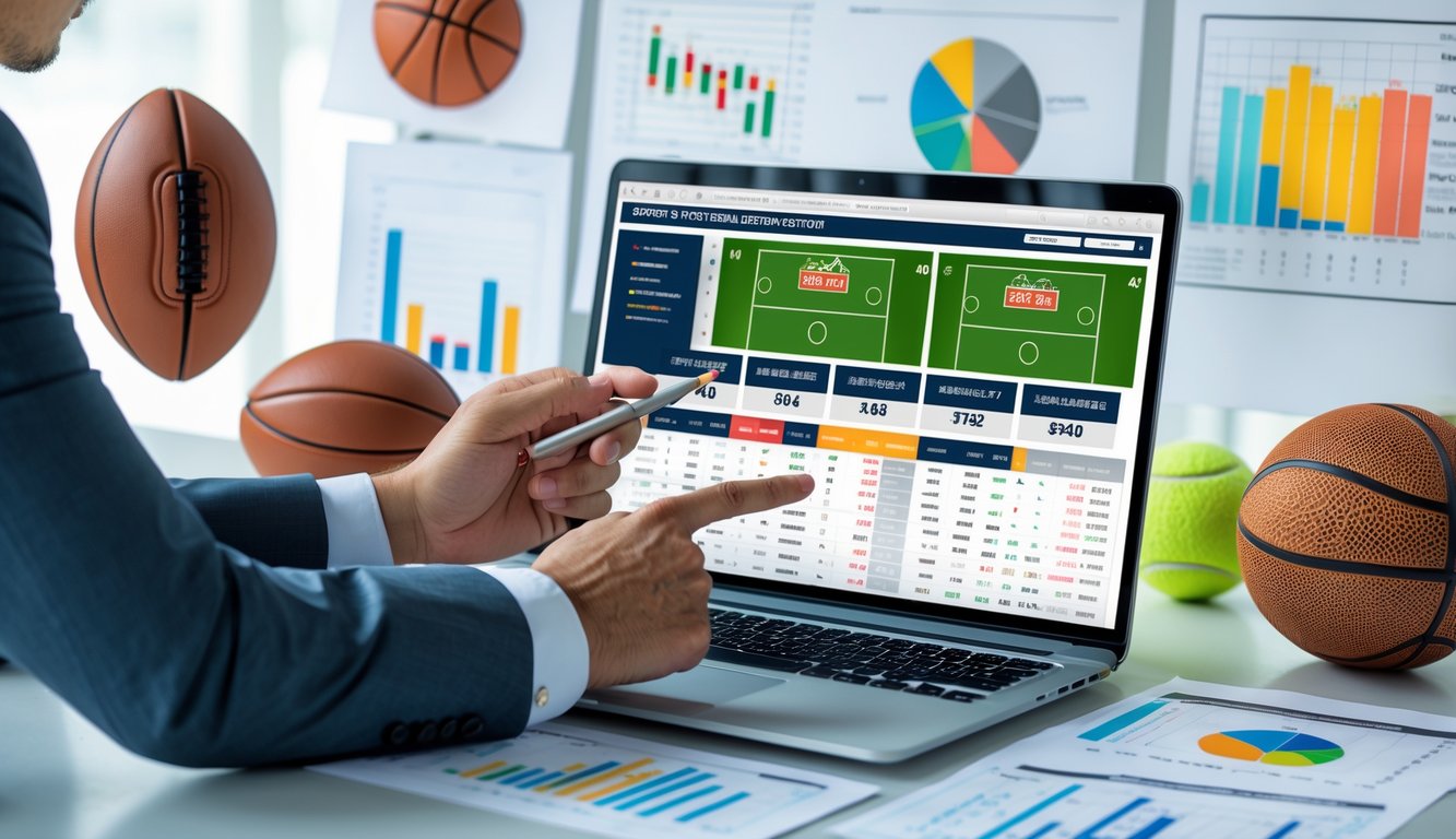 Seseorang sedang menunjuk layar laptop yang menampilkan perbandingan odds taruhan olahraga dengan bola olahraga di meja.