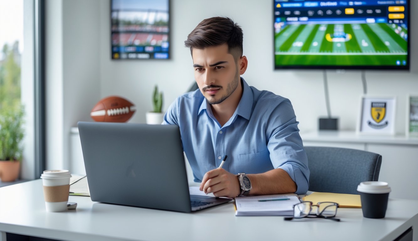 Seorang pria muda duduk di meja dengan laptop, mencatat sambil melihat layar yang menampilkan situs taruhan bola online.