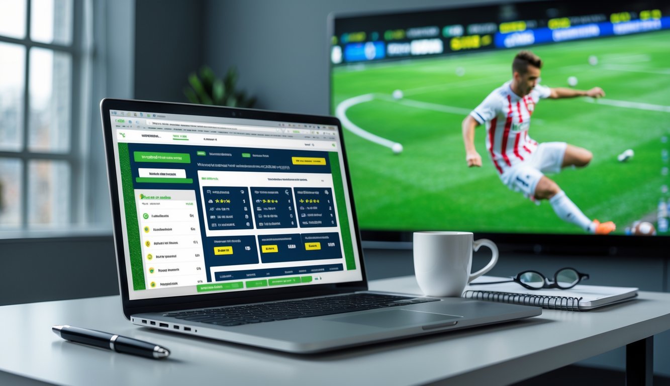 Seorang pengguna duduk di depan laptop yang menampilkan situs taruhan bola online dengan odds tinggi, di latar belakang layar besar menampilkan pertandingan sepak bola langsung.