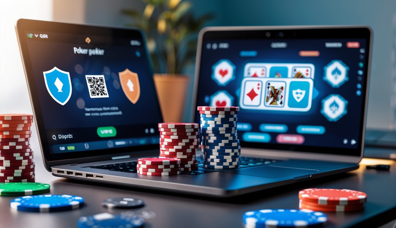 Meja kerja modern dengan laptop yang menampilkan permainan poker online, tumpukan chip poker, dan ponsel yang menampilkan kode QR untuk pembayaran digital.