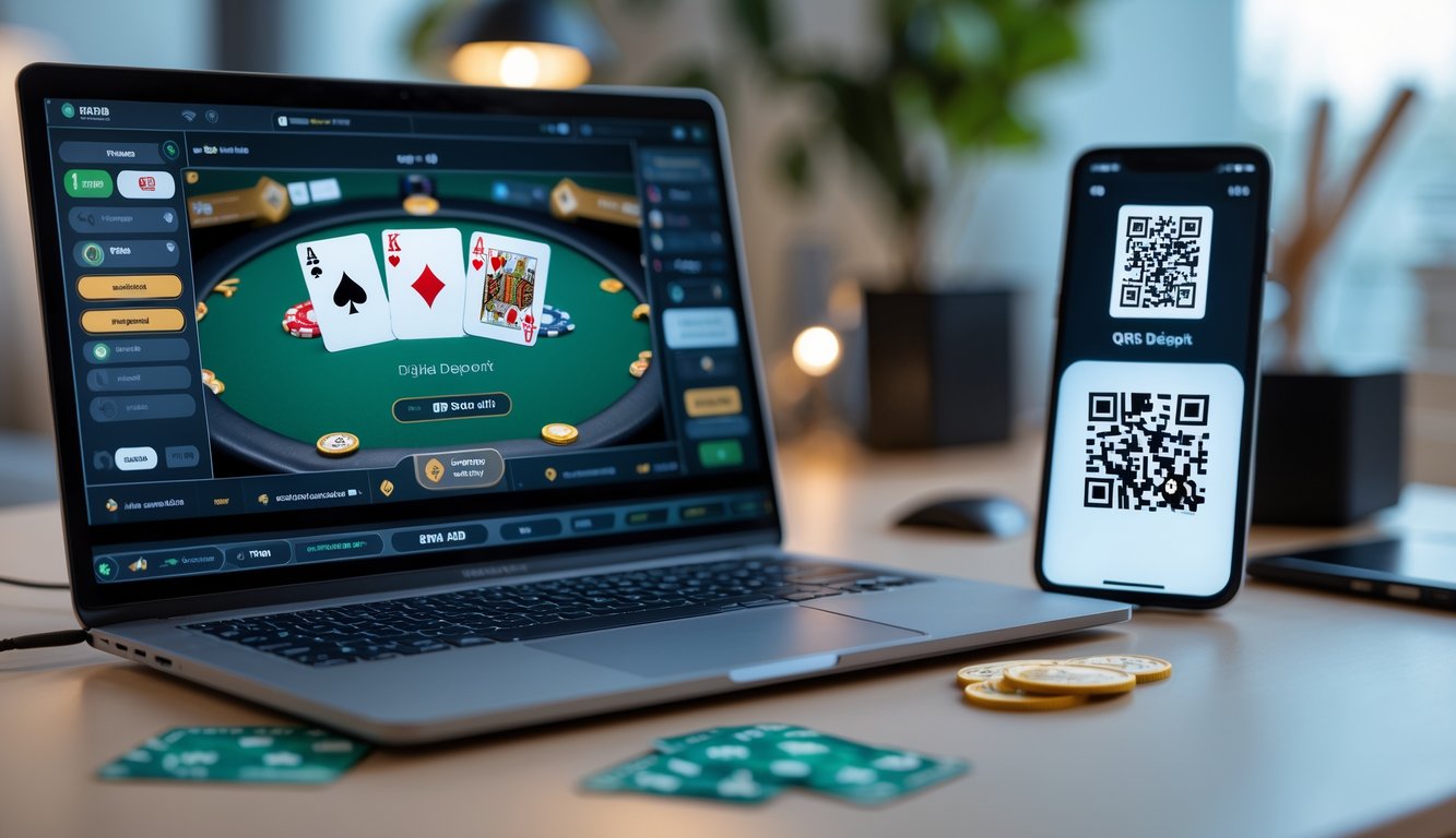 Seorang pria duduk di meja dengan laptop yang menampilkan permainan poker online dan ponsel yang menunjukkan kode QR untuk pembayaran digital.