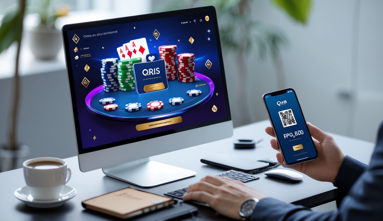 Seseorang bermain poker online di depan komputer dengan ponsel menampilkan kode QRIS untuk pembayaran deposit.