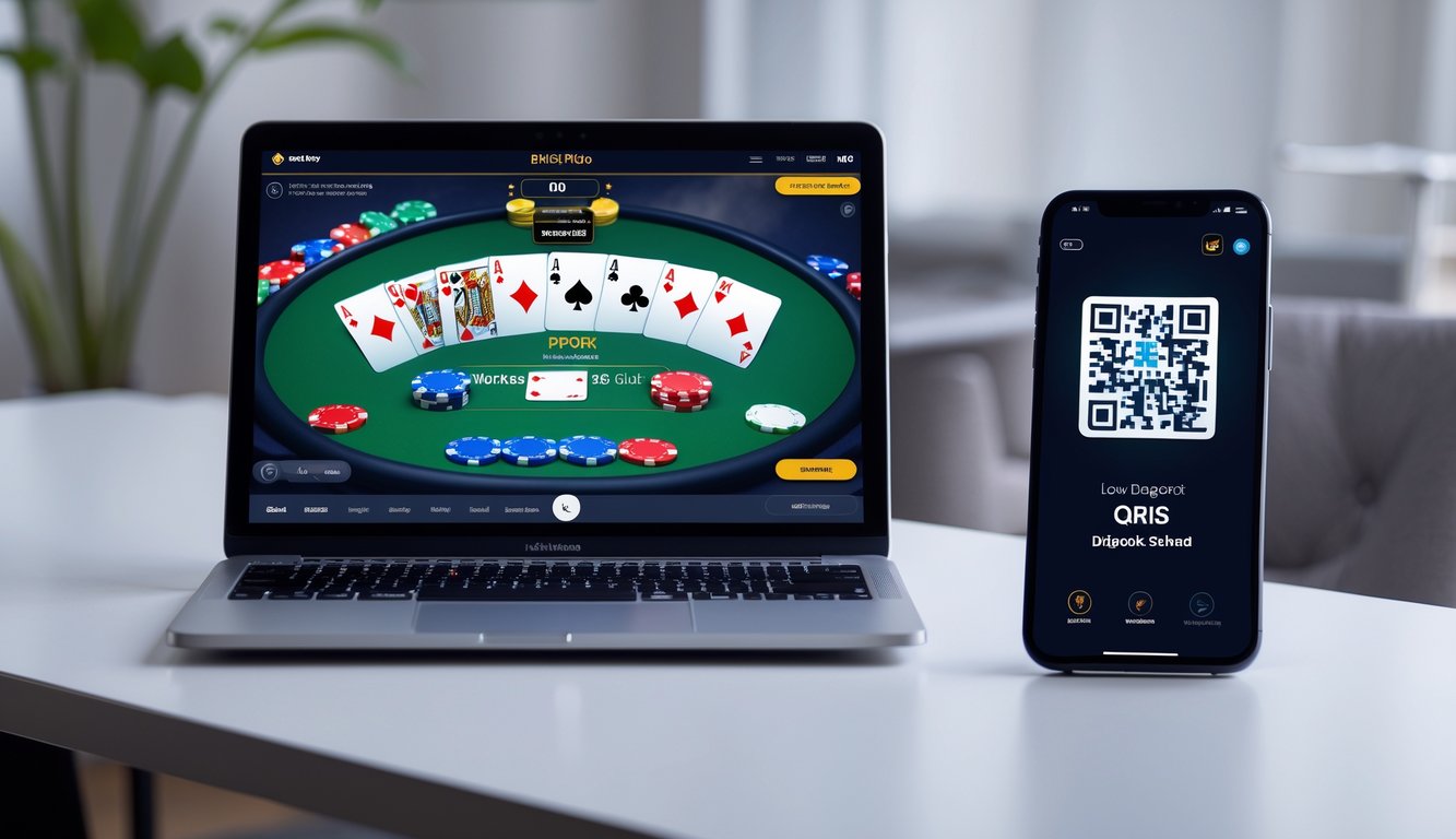 Sebuah laptop menampilkan permainan poker online dengan tumpukan chip poker dan kartu bermain, di sampingnya sebuah ponsel yang menampilkan kode QR untuk pembayaran digital.