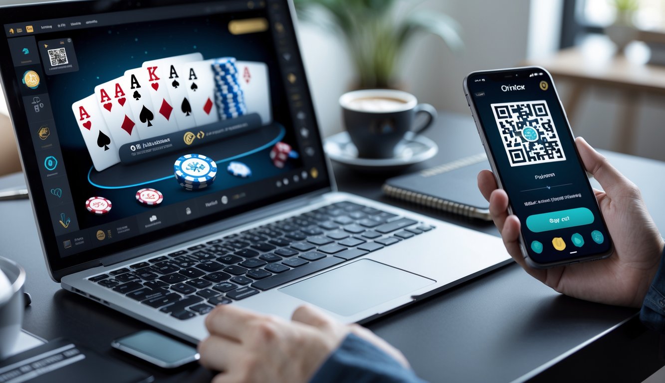 Seseorang menggunakan laptop dan ponsel untuk bermain poker online dengan kode QR di layar ponsel.