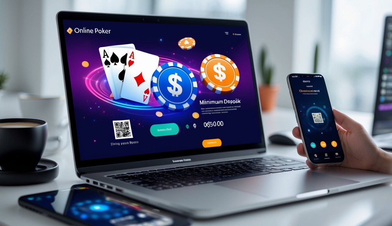 Seorang pengguna sedang melakukan transaksi pembayaran QRIS di ponsel sambil bermain poker online di komputer di meja kerja yang rapi.
