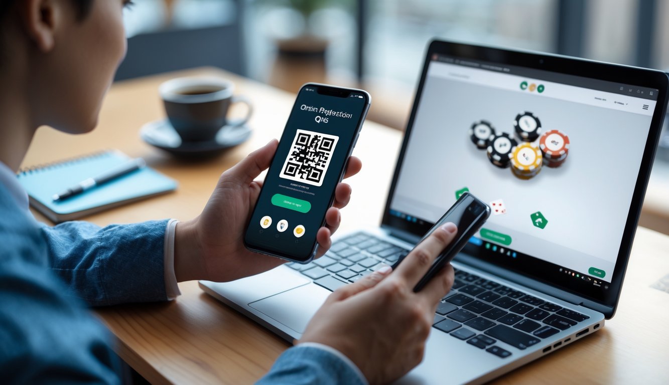 Seseorang menggunakan ponsel untuk memindai kode QR di layar laptop dengan tampilan situs poker online di meja kerja.