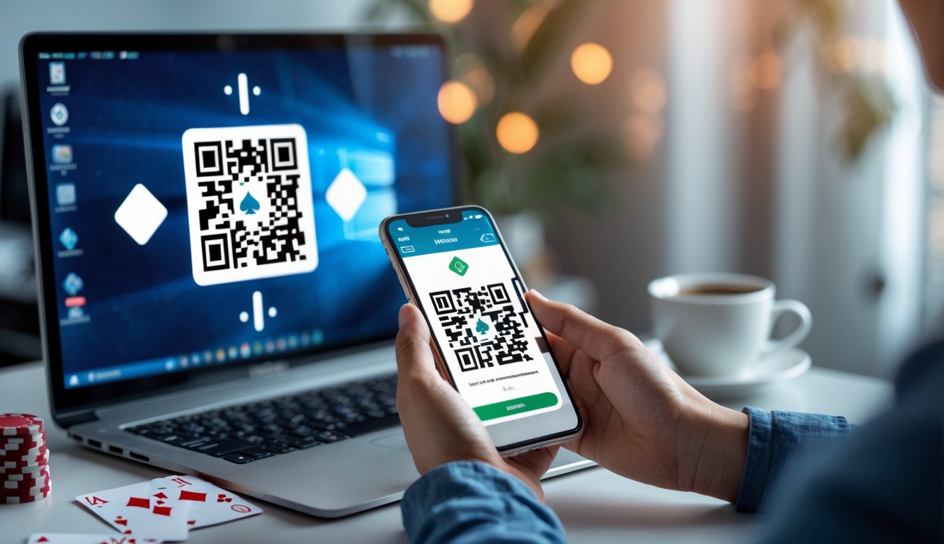 Seseorang menggunakan ponsel untuk memindai kode QR di layar komputer dengan chip poker dan kartu bermain di meja.