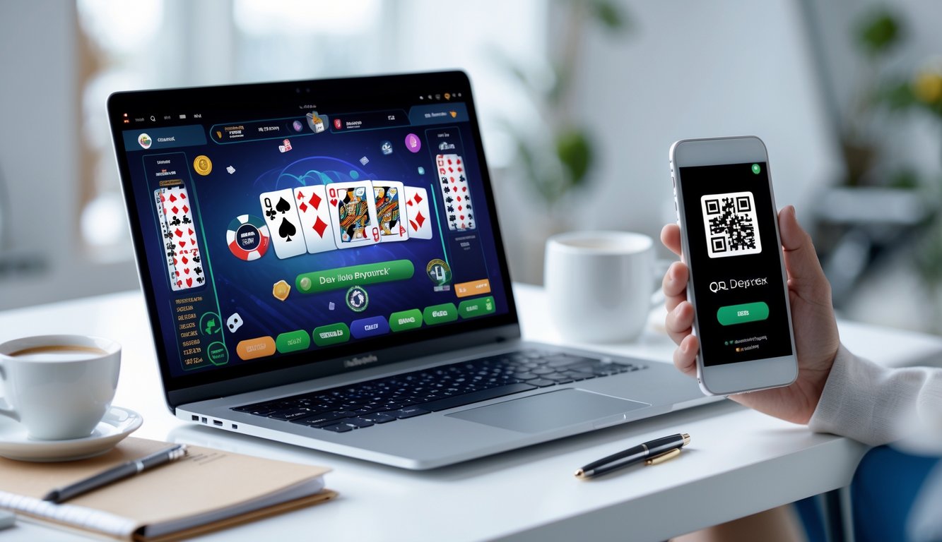 Seorang pria duduk di depan laptop yang menampilkan permainan poker online, dengan smartphone di samping yang menunjukkan kode QR untuk pembayaran digital, di meja kerja yang rapi dan terang.