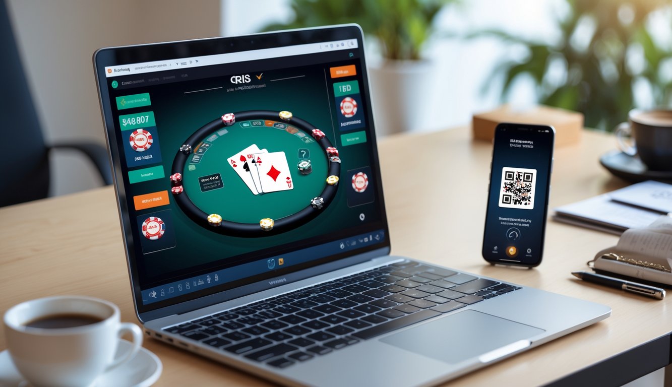 Seseorang menggunakan laptop dan ponsel untuk bermain poker online dengan tampilan kode QRIS di layar ponsel.