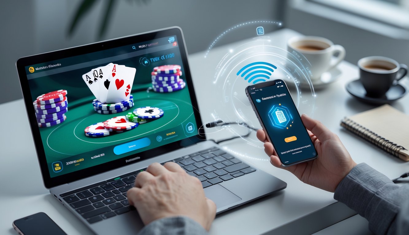 Seorang pengguna sedang bermain poker online di laptop dengan ponsel menampilkan kode QR untuk pembayaran deposit.