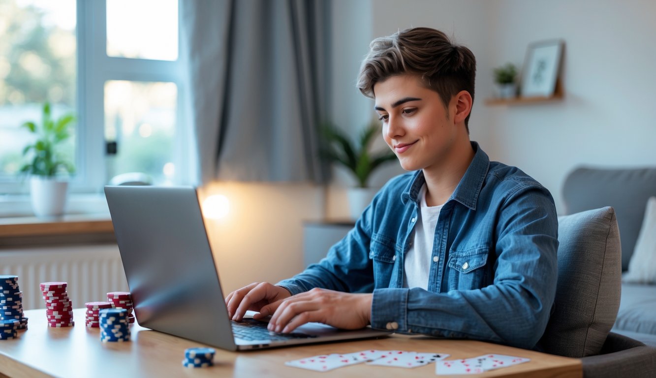 Seorang dewasa muda duduk di meja dengan laptop, bermain poker online di lingkungan rumah yang nyaman dan terang.