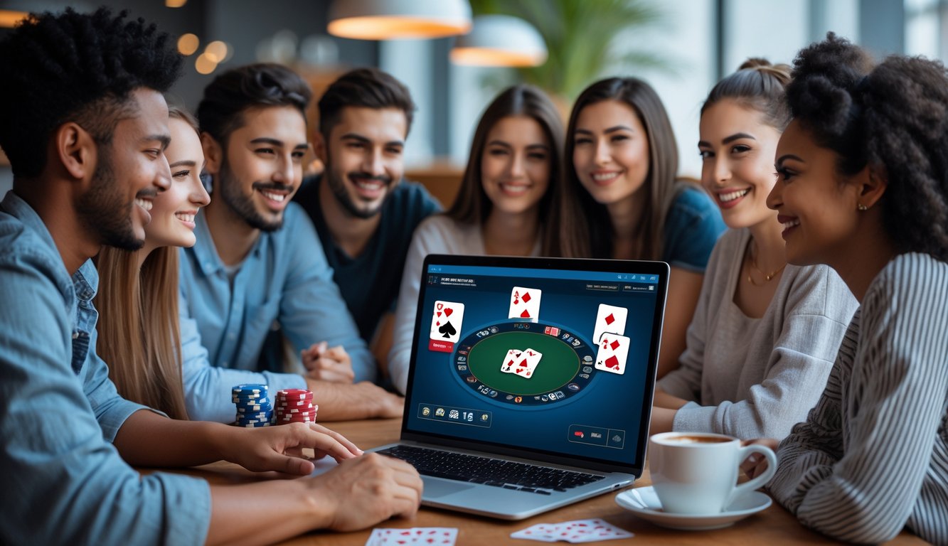 Sekelompok orang muda sedang bermain poker online di laptop di ruang kerja yang terang dengan chip poker dan kartu di meja.