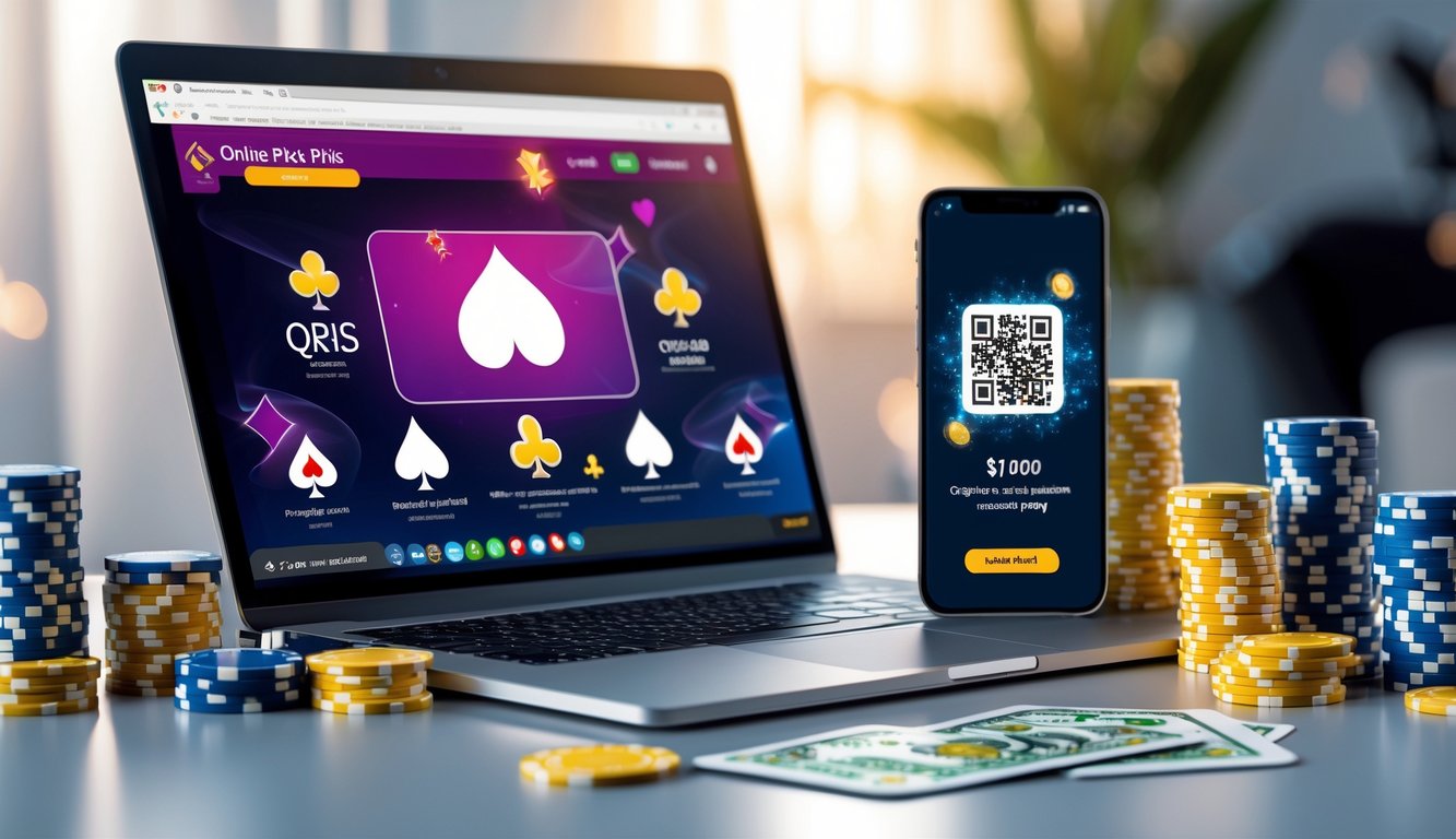 Seorang pemain poker online menggunakan laptop dan memindai kode QR di ponsel, dengan chip poker dan kartu di meja.