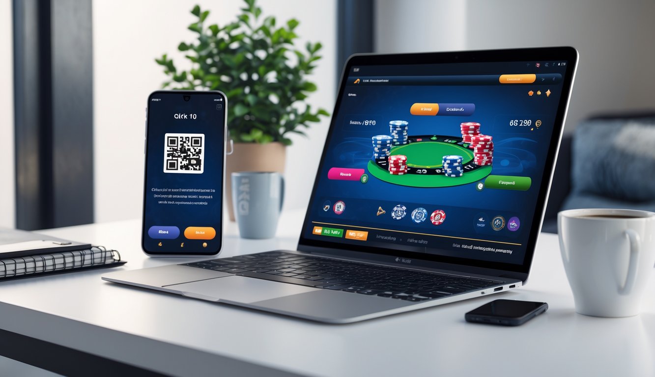 Seorang pemain menggunakan laptop dan smartphone untuk bermain poker online dengan tampilan pembayaran QRIS di layar.