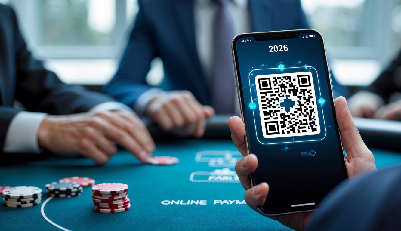 Seseorang memegang ponsel yang menampilkan kode QR di depan meja poker dengan tumpukan chip dan kartu.