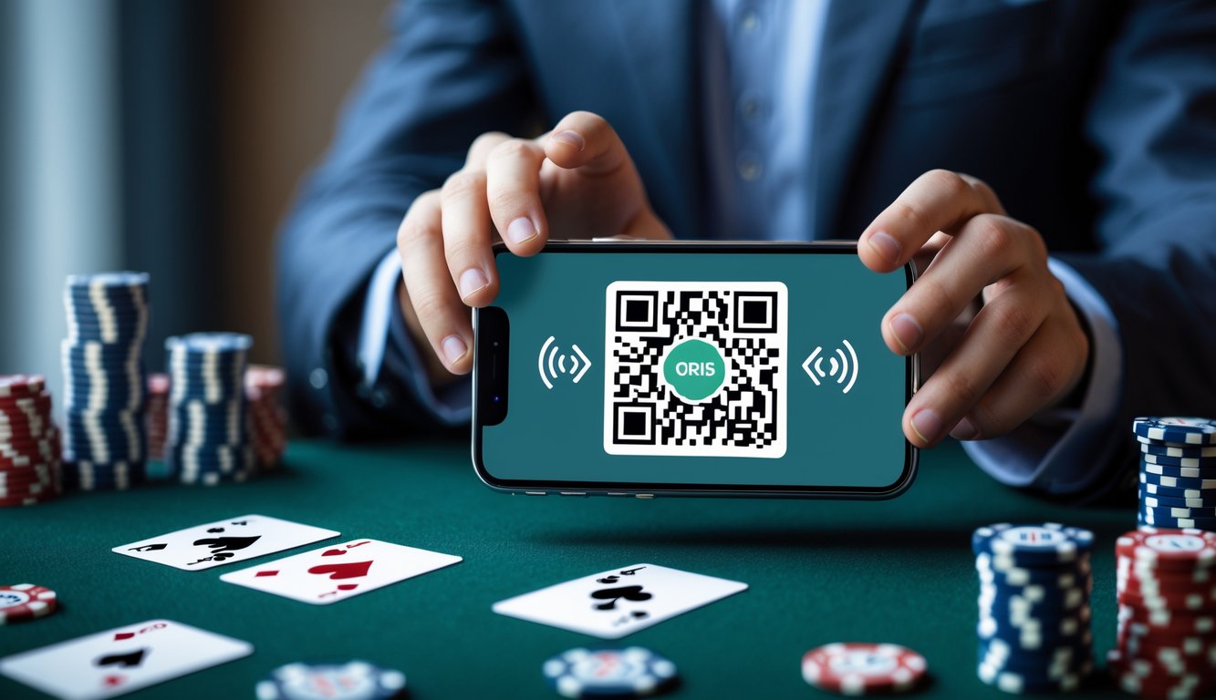 Seseorang memegang smartphone dengan kode QR di layar, di latar belakang terdapat meja poker dengan chip dan kartu remi.