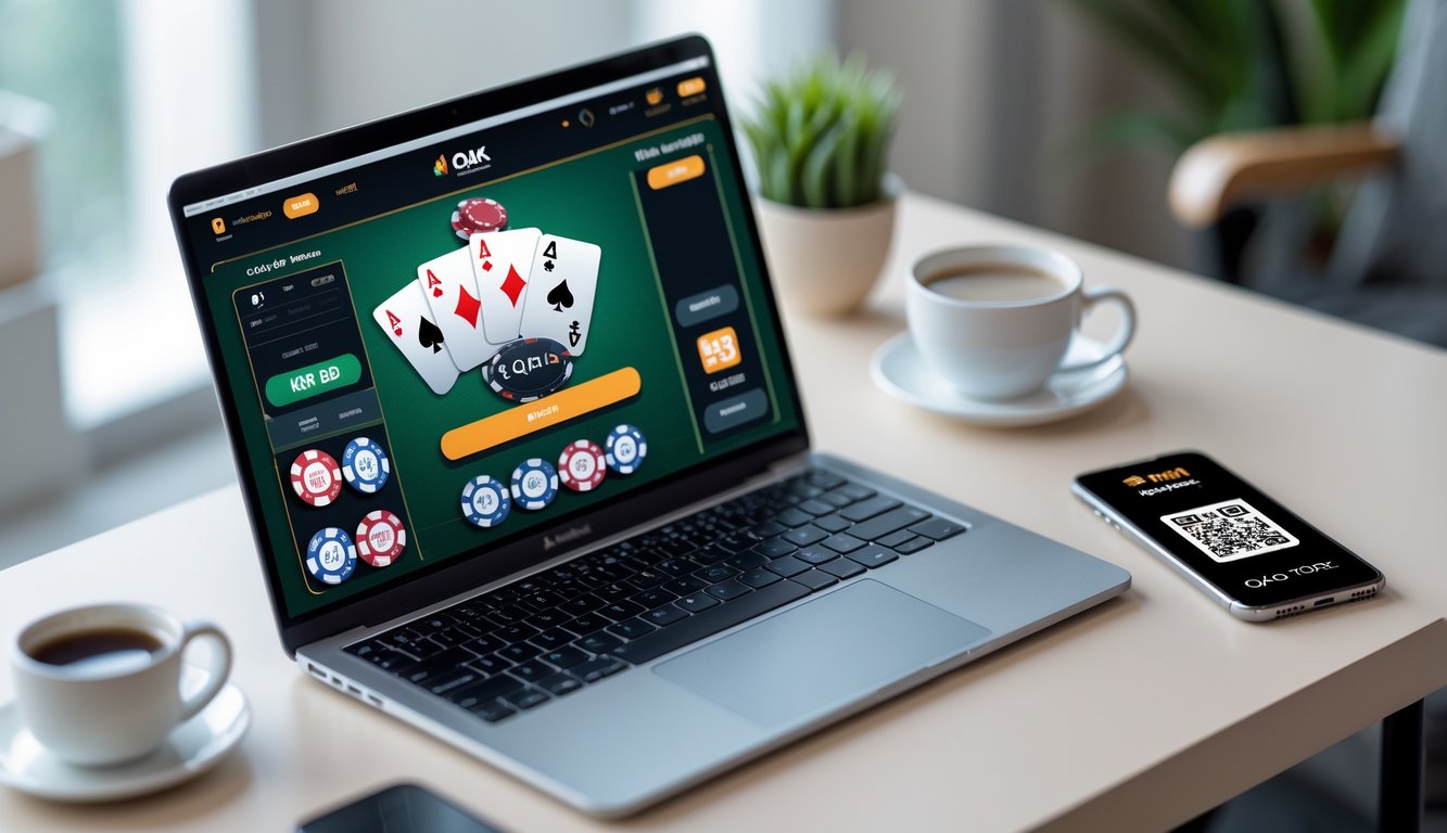 Seorang pria menggunakan laptop dan smartphone di meja kerja dengan tampilan permainan poker online dan kode QR untuk deposit.