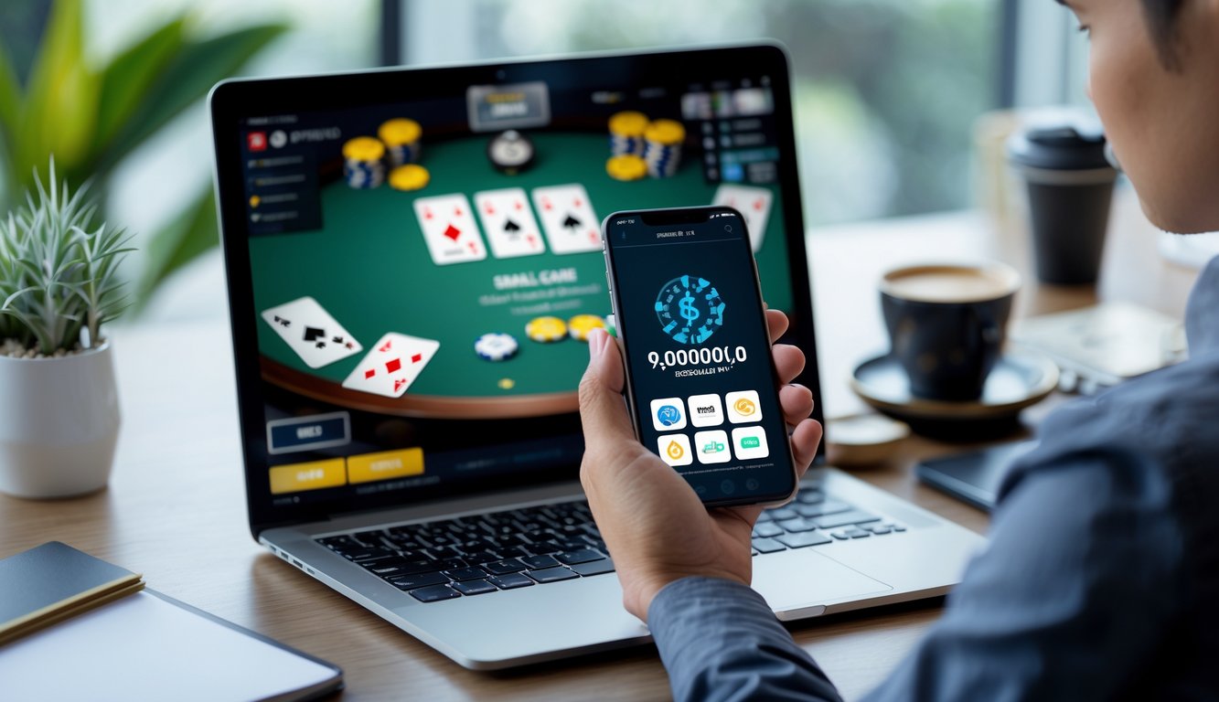 Seorang pemain poker online menggunakan laptop dan ponsel dengan kode QRIS untuk deposit di meja kerja yang rapi.