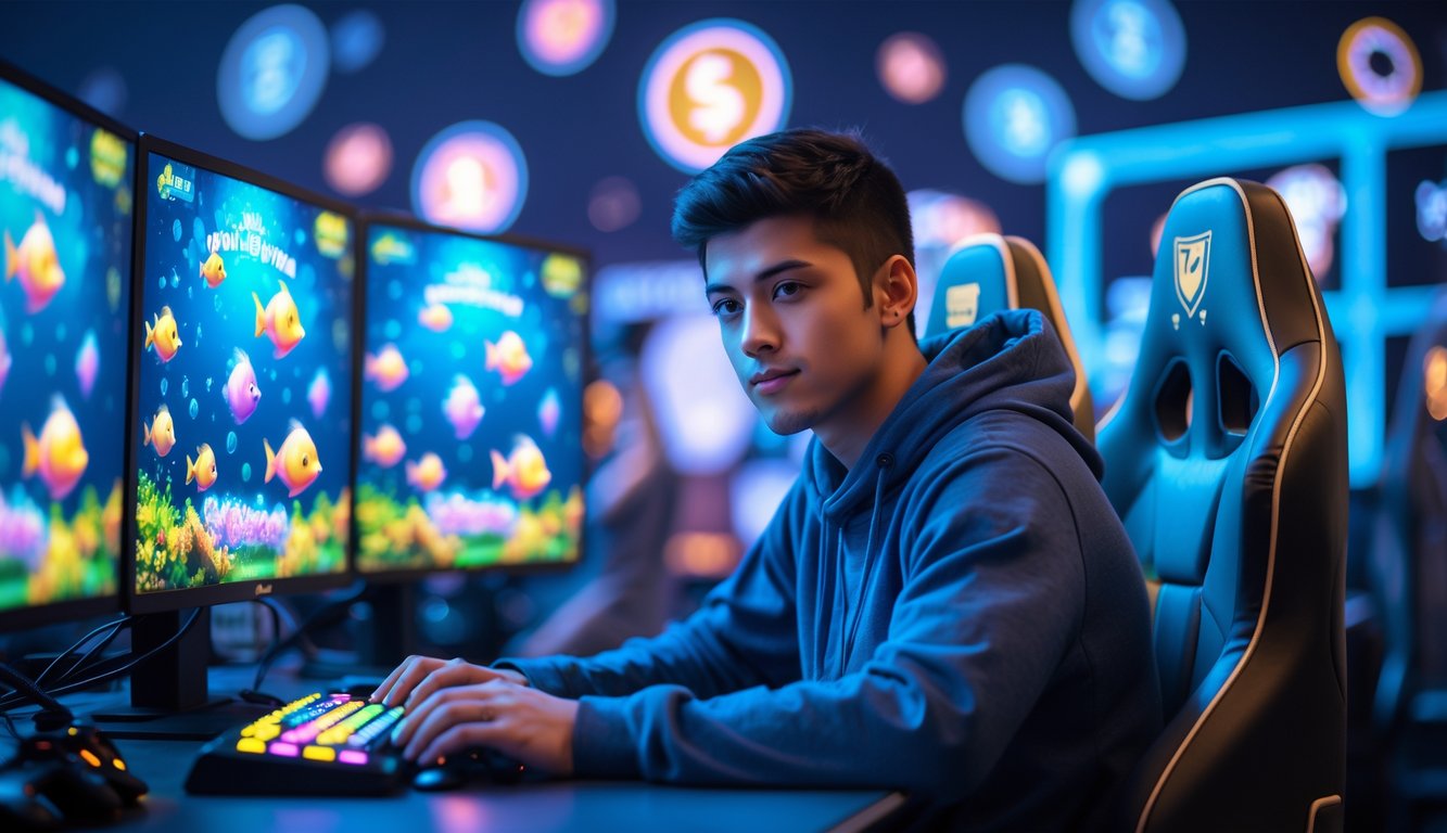 Seorang pria muda duduk di meja gaming dengan beberapa monitor yang menampilkan permainan tembak ikan, terlihat fokus dan serius dalam bermain.