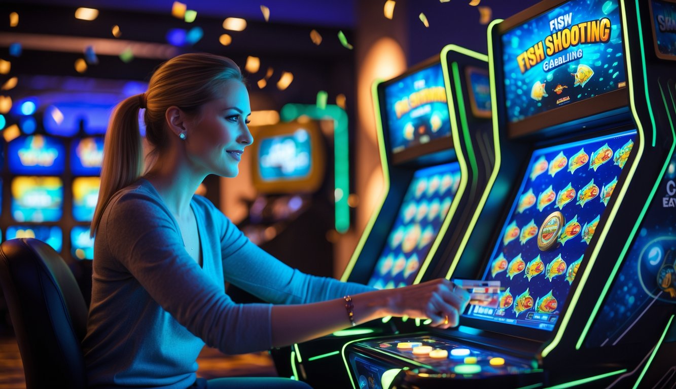 Seorang pemain dewasa fokus menggunakan mesin judi tembak ikan di ruang permainan yang terang dan modern.