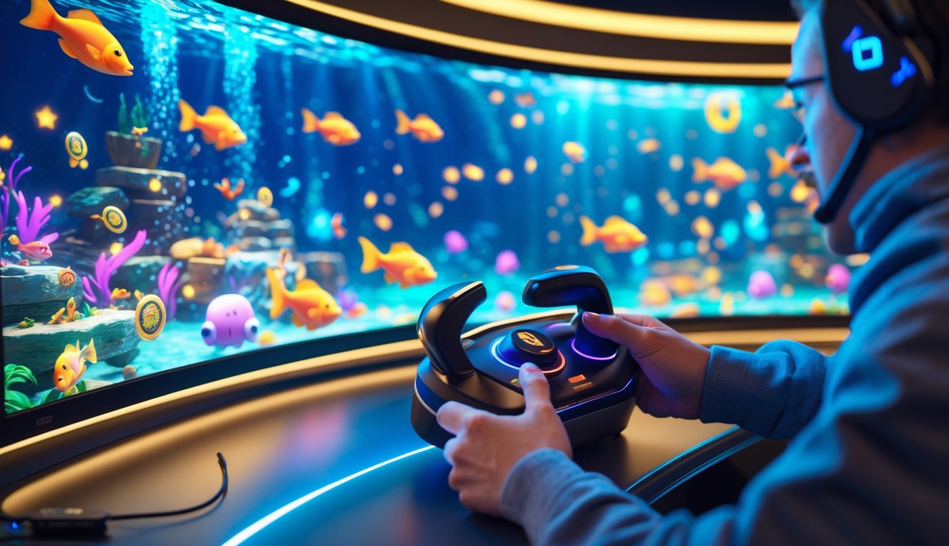 Seorang pemain sedang menggunakan joystick di depan layar komputer yang menampilkan permainan menembak ikan dengan warna-warni bawah laut yang cerah.