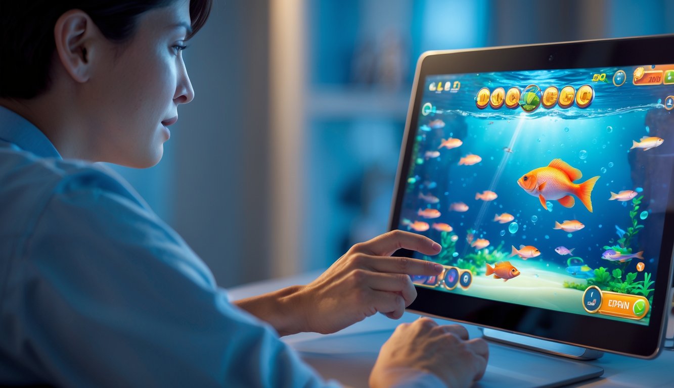 Seorang pemain dewasa sedang fokus bermain game tembak ikan di layar komputer dengan latar belakang ruangan modern.