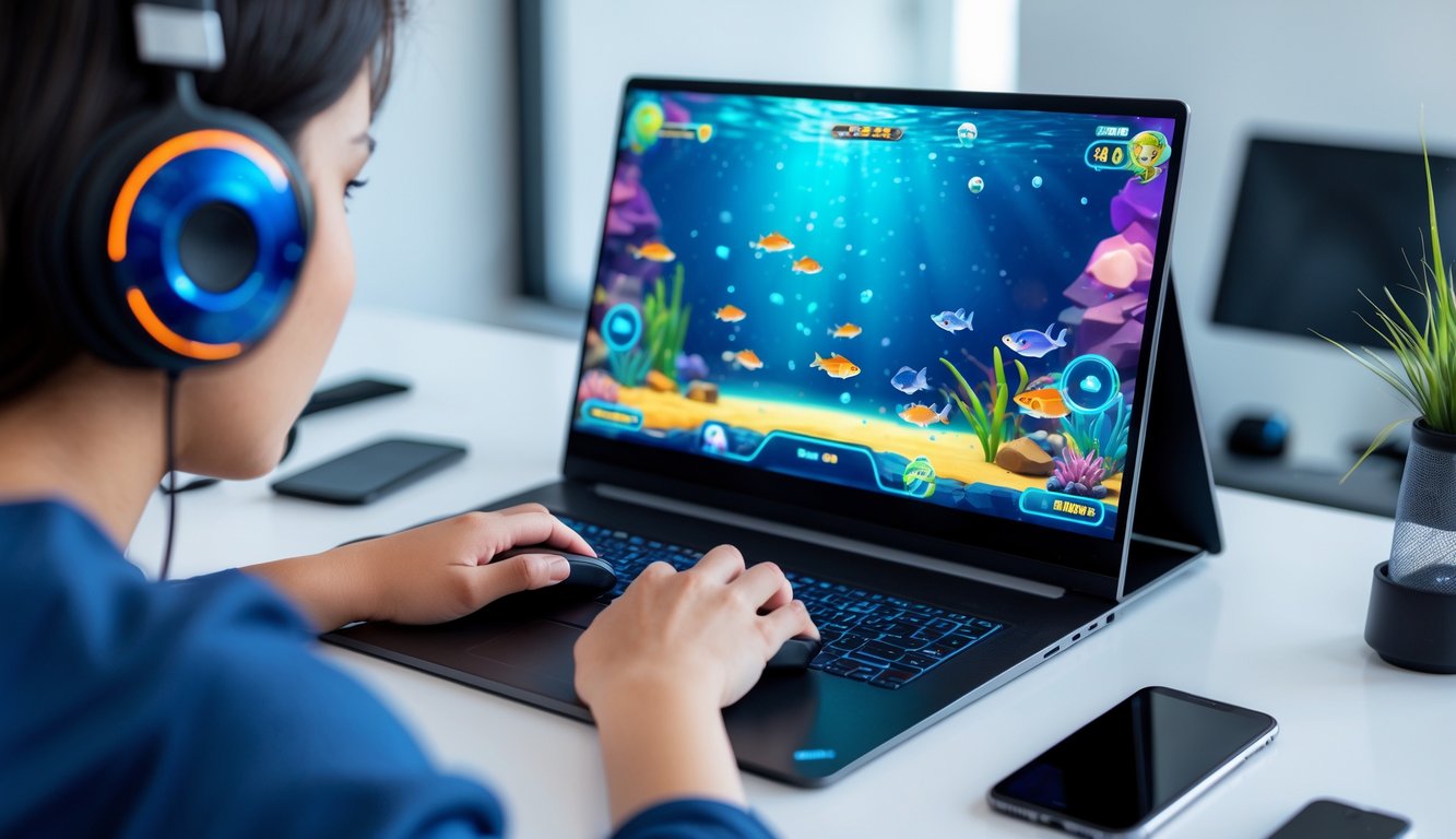 Seseorang sedang bermain permainan judi tembak ikan online di komputer di meja kerja dengan suasana fokus dan cerah.