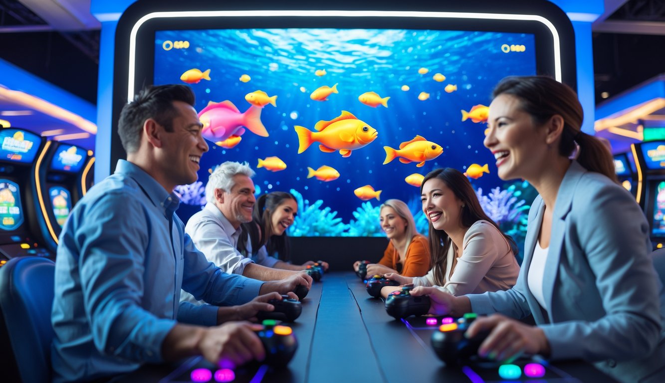 Beberapa orang sedang bermain permainan tembak ikan di sebuah arcade dengan layar besar menampilkan ikan-ikan berwarna-warni di bawah laut.