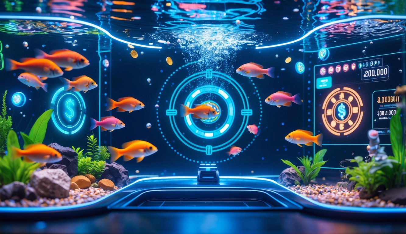Adegan bawah laut dengan ikan warna-warni dan elemen permainan judi tembak ikan yang menampilkan suasana kasino dengan lampu neon dan simbol jackpot.