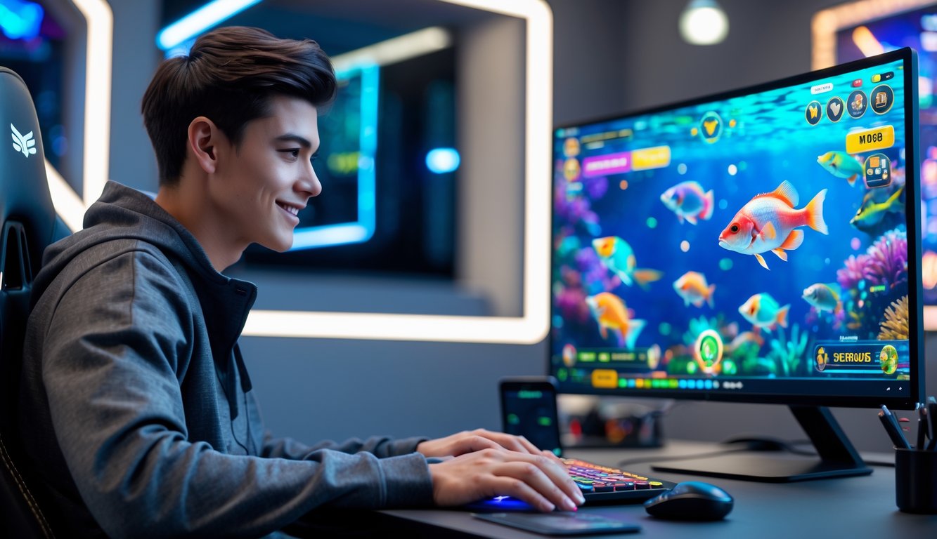 Seorang pria muda duduk di depan komputer bermain game tembak ikan dengan ekspresi fokus dan percaya diri.