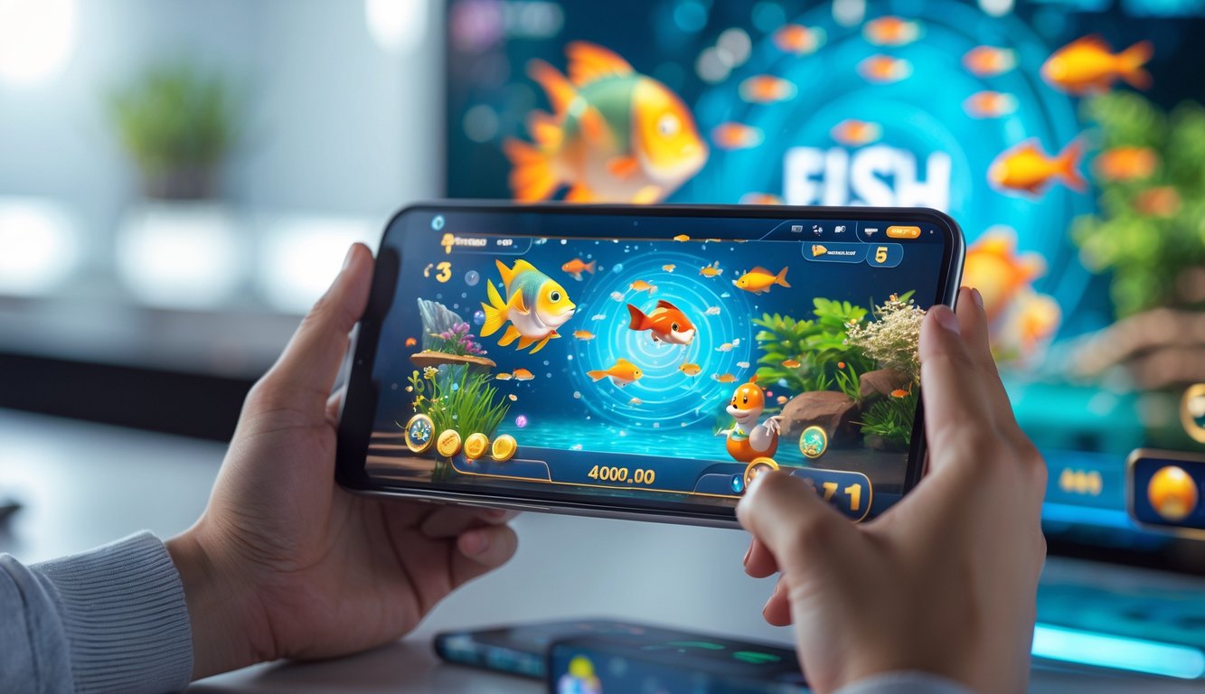 Seseorang memegang smartphone yang menampilkan permainan tembak ikan dengan karakter ikan warna-warni dan ikon jackpot di layar.