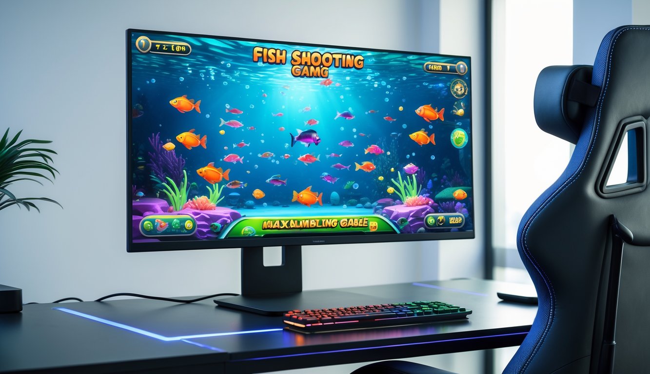 Sebuah meja kerja dengan komputer menampilkan permainan tembak ikan berwarna-warni di layar, dengan kursi gaming dan suasana yang terang.