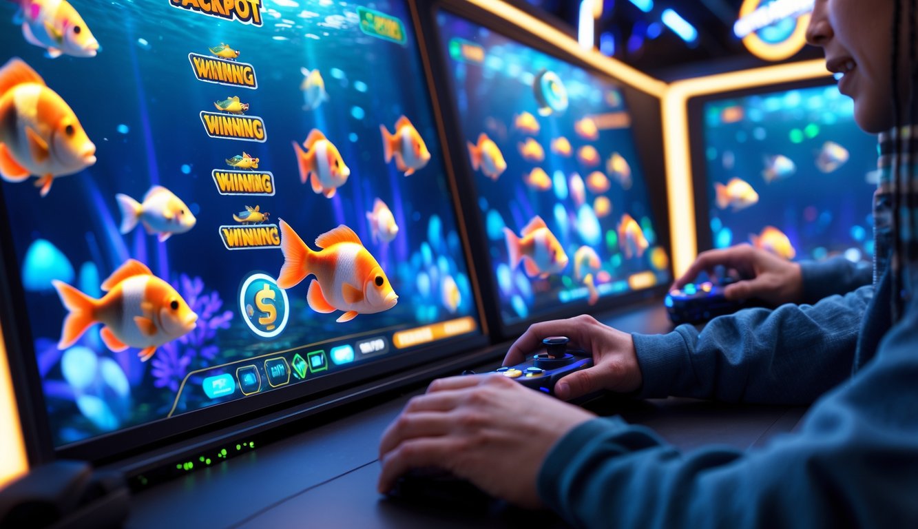 Seorang pemain menggunakan pengendali permainan digital dengan layar menampilkan ikan berwarna-warni dan ikon jackpot yang menyala.