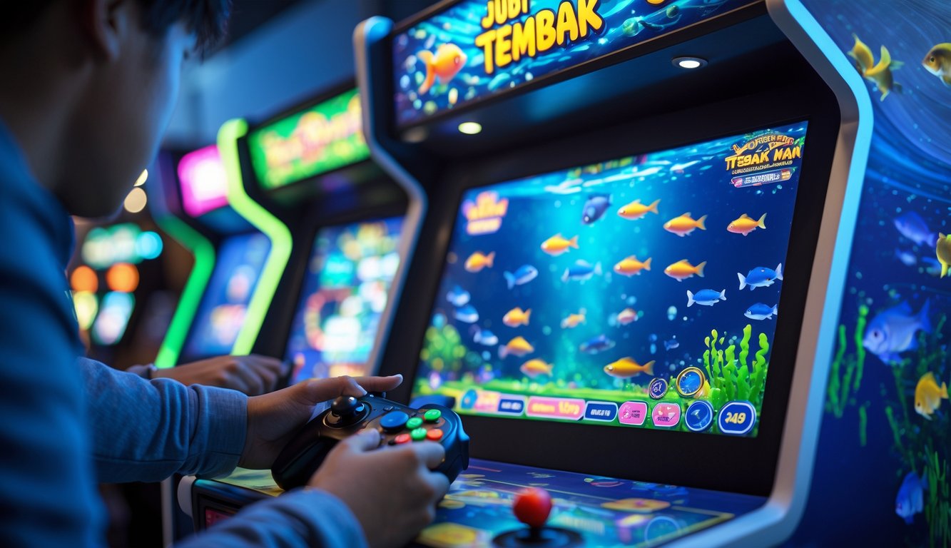 Tangan seorang pemain sedang memegang kontroler dan menembak ikan pada layar permainan judi tembak ikan dengan latar belakang mesin permainan lainnya.