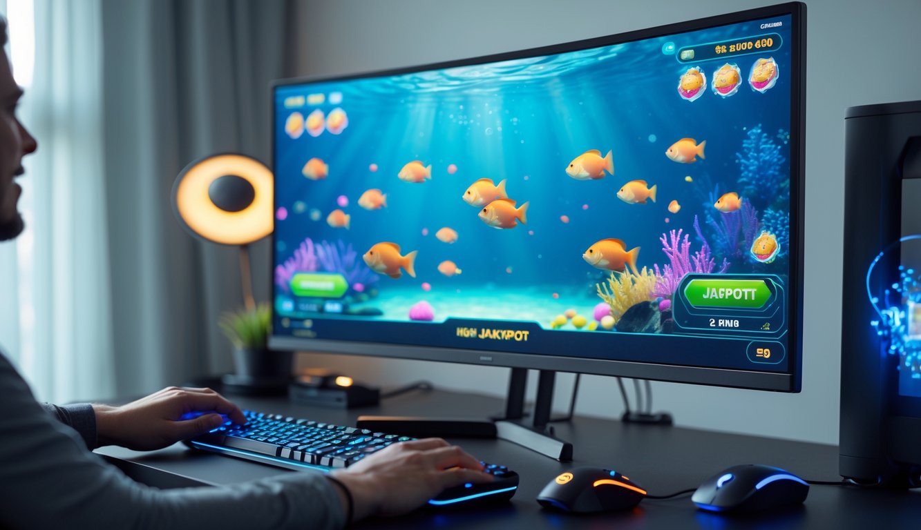 Seseorang sedang bermain game menembak ikan di komputer dengan layar menampilkan grafis ikan berwarna-warni dan ikon jackpot.