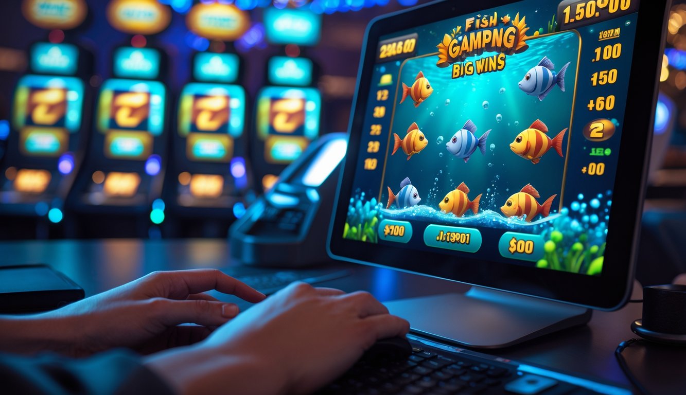 Layar komputer menampilkan permainan judi tembak ikan dengan karakter ikan berwarna-warni dan indikator jackpot, di lingkungan gaming modern.