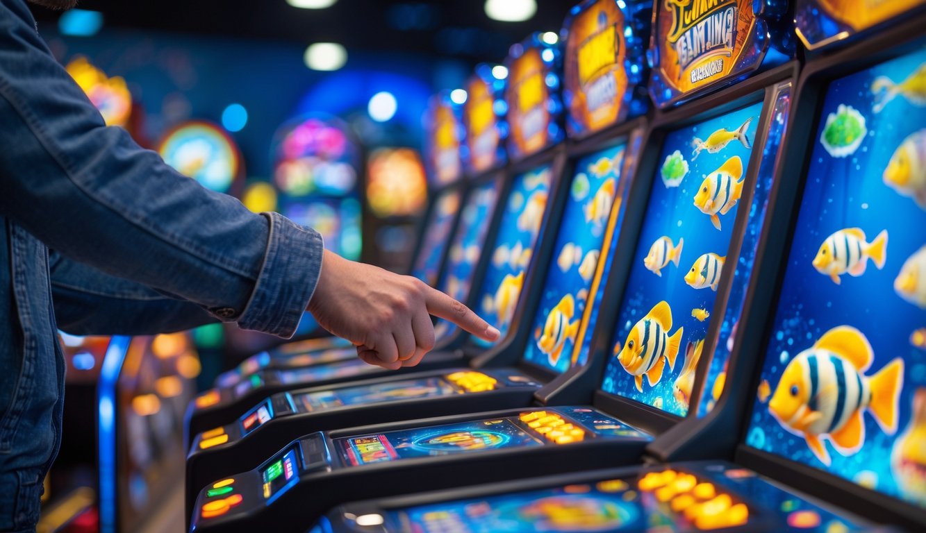 Seseorang sedang memilih mesin judi tembak ikan di sebuah arcade permainan dengan mesin berwarna cerah dan layar grafik ikan.
